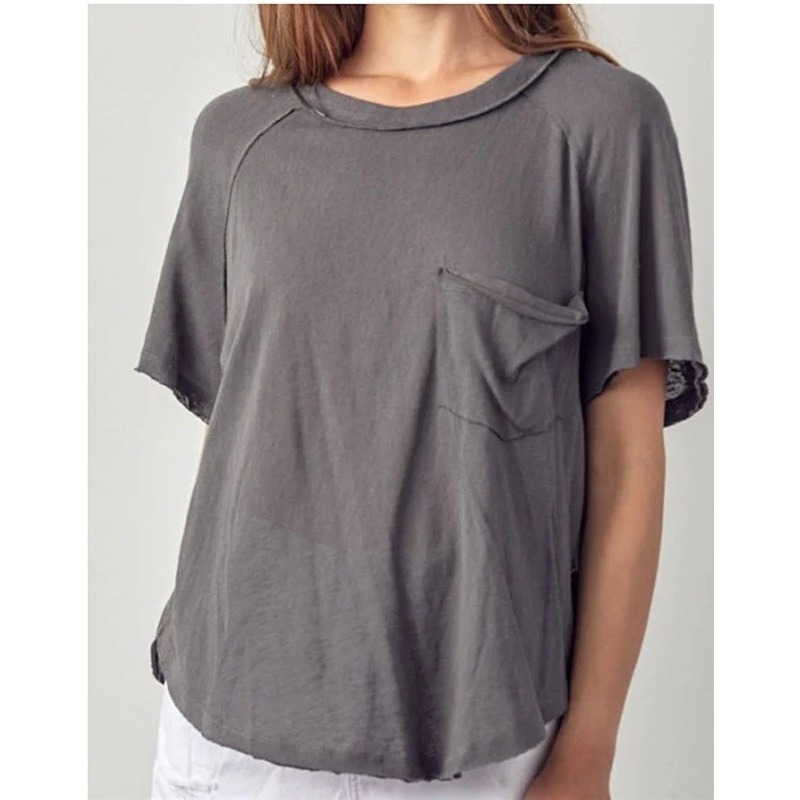 Nwt Bobi Large Raw Edge Pocket Tee Shirt Lead Gray 113262